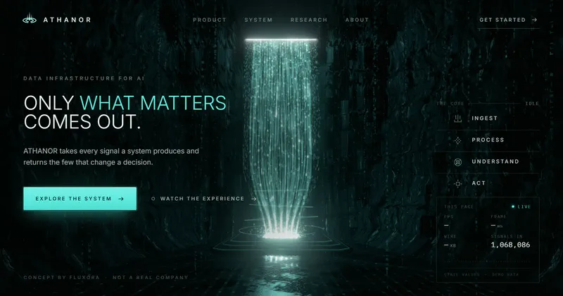 A cyan waterfall of data narrowing into one pool, beside the headline Only what matters comes out.