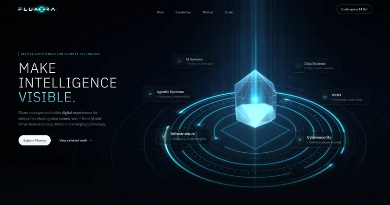 A glowing cyan crystal core on concentric rings, beside the headline Make intelligence visible.