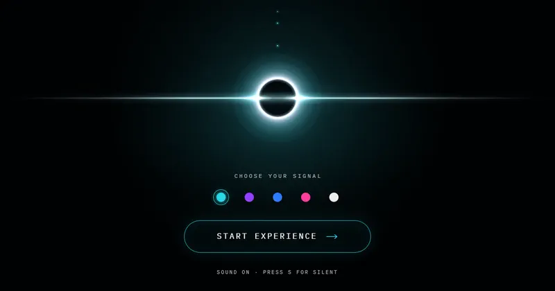 A black eclipse ringed in cyan light above a row of colour choices and a Start experience button.