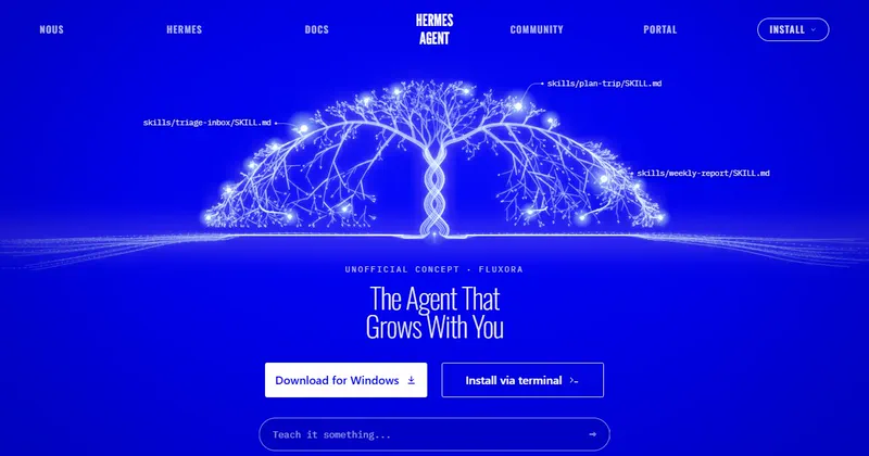 A tree of light on Nous blue, each branch a skill the agent has learned, above the headline The Agent That Grows With You.
