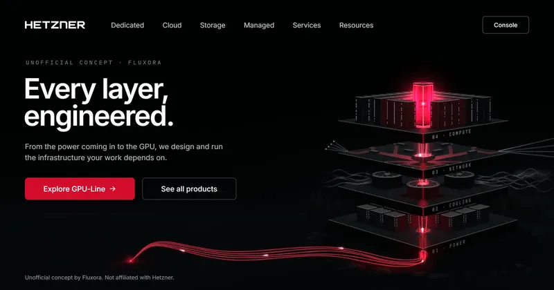 A red thread of light rising from a still lake through four stacked server slabs to one GPU.