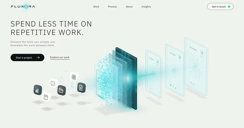Isometric files dissolving into cyan particles as they pass through a stack of glass panels.