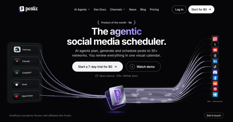 AI agent cards sending strands of light through a purple P out to the social networks.