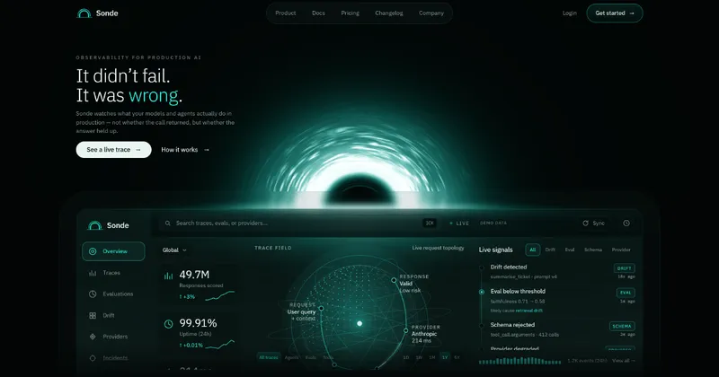 An AI observability console under a glowing dark horizon, with the headline It didn't fail. It was wrong.